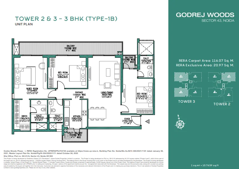 3 BHK Floor Plan — Godrej Woods Sector 43 Noida
